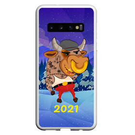 Чехол для Samsung Galaxy S10 с принтом Злой бычара 2021 в Санкт-Петербурге, Силикон | Область печати: задняя сторона чехла, без боковых панелей | 2021 | 7 января | bull | newyear | santa | бык | быки | бычок | год быка | дед мороз | корова | новогодние каникулы | новогодние праздники | новый 2021 | новый год | новый год 2021 | рождество | сани | санта | санта клаус