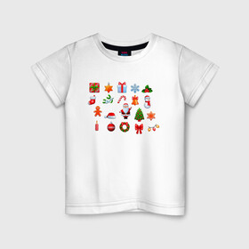 Детская футболка хлопок с принтом новогоднее настроение в Санкт-Петербурге, 100% хлопок | круглый вырез горловины, полуприлегающий силуэт, длина до линии бедер | бант | гирлянда | дед мороз | звезда | игрушка | картинки | леденец | новый год | подарок | популярные | прикольные | пряник | снежинка