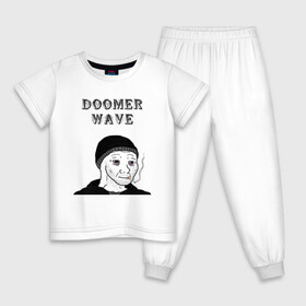 Детская пижама хлопок с принтом Doomer Wave в Санкт-Петербурге, 100% хлопок |  брюки и футболка прямого кроя, без карманов, на брюках мягкая резинка на поясе и по низу штанин
 | Тематика изображения на принте: 20 | 2020 | 2021 | 21 | 2k20 | 2к20 | doomer | girl | girls | guy | man | mem | meme | memes | wafe | бумер | бумеры | волна | девушка | девушки | думер | думеры | зумер | зумеры | мем | мемы | мужчина | парень