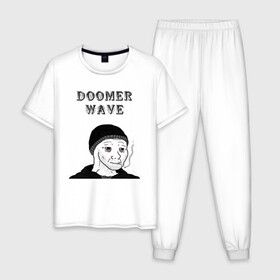 Мужская пижама хлопок с принтом Doomer Wave в Санкт-Петербурге, 100% хлопок | брюки и футболка прямого кроя, без карманов, на брюках мягкая резинка на поясе и по низу штанин
 | 20 | 2020 | 2021 | 21 | 2k20 | 2к20 | doomer | girl | girls | guy | man | mem | meme | memes | wafe | бумер | бумеры | волна | девушка | девушки | думер | думеры | зумер | зумеры | мем | мемы | мужчина | парень