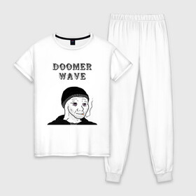 Женская пижама хлопок с принтом Doomer Wave в Санкт-Петербурге, 100% хлопок | брюки и футболка прямого кроя, без карманов, на брюках мягкая резинка на поясе и по низу штанин | 20 | 2020 | 2021 | 21 | 2k20 | 2к20 | doomer | girl | girls | guy | man | mem | meme | memes | wafe | бумер | бумеры | волна | девушка | девушки | думер | думеры | зумер | зумеры | мем | мемы | мужчина | парень