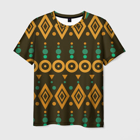 Мужская футболка 3D с принтом Геометрический этнический узор в Санкт-Петербурге, 100% полиэфир | прямой крой, круглый вырез горловины, длина до линии бедер | геометрия | коричневый | кружочки | народный | оранжевый | паттерн | ромбы | треугольники | узор | этнический