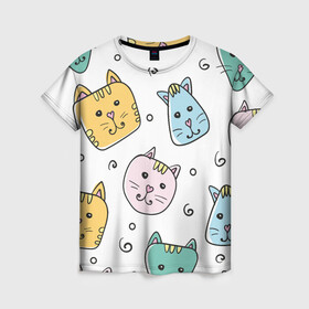 Женская футболка 3D с принтом Узор - Смешные котики в Санкт-Петербурге, 100% полиэфир ( синтетическое хлопкоподобное полотно) | прямой крой, круглый вырез горловины, длина до линии бедер | детский | кот | котики | кошка | нарисованный | прикольные | смайлы | узор