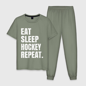 Мужская пижама хлопок с принтом EAT SLEEP HOCKEY REPEAT в Санкт-Петербурге, 100% хлопок | брюки и футболка прямого кроя, без карманов, на брюках мягкая резинка на поясе и по низу штанин
 | boston | bruins | capitals | detroit | eat | eat sleep hockey repeat | hockey | nhl | penguins | pittsburgh | red wings | repeat | sleep | washington | вашингтон кэпиталз | нхл | питтсбург пингвинз | хокей | хоккей
