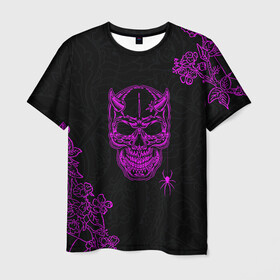 Мужская футболка 3D с принтом Demonic skull в Санкт-Петербурге, 100% полиэфир | прямой крой, круглый вырез горловины, длина до линии бедер | demon | evil | skull | готический | демон | дьявол | зло | монстр | паук | паутина | рога | скелет | цветы | череп