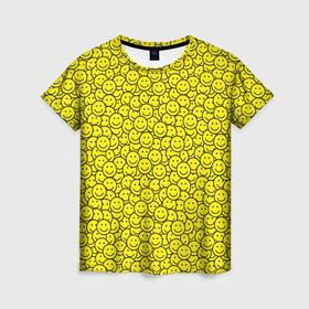 Женская футболка 3D с принтом Смайлики в Санкт-Петербурге, 100% полиэфир ( синтетическое хлопкоподобное полотно) | прямой крой, круглый вырез горловины, длина до линии бедер | emoji | emoticons | smile | знак | колобок | позитив | рожица | символ | смайл | смайлики | улыбка | эмодзи