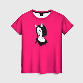 Женская футболка 3D с принтом Дьяволица в Санкт-Петербурге, 100% полиэфир ( синтетическое хлопкоподобное полотно) | прямой крой, круглый вырез горловины, длина до линии бедер | девушка | дьяволица | жизнь | минимализм | пафос | рога