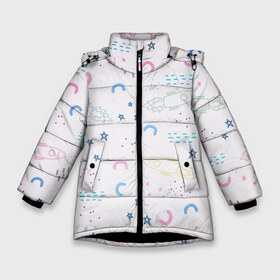 Зимняя куртка для девочек 3D с принтом Рисованный космос в Санкт-Петербурге, ткань верха — 100% полиэстер; подклад — 100% полиэстер, утеплитель — 100% полиэстер. | длина ниже бедра, удлиненная спинка, воротник стойка и отстегивающийся капюшон. Есть боковые карманы с листочкой на кнопках, утяжки по низу изделия и внутренний карман на молнии. 

Предусмотрены светоотражающий принт на спинке, радужный светоотражающий элемент на пуллере молнии и на резинке для утяжки. | звезды | линии | магнит | ракеты | рисованный | рисунок космос