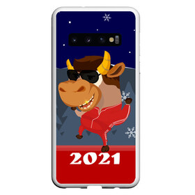 Чехол для Samsung Galaxy S10 с принтом Бычара 2021 в Санкт-Петербурге, Силикон | Область печати: задняя сторона чехла, без боковых панелей | 2021 | 7 января | bull | newyear | santa | бык | быки | бычок | год быка | дед мороз | корова | новогодние каникулы | новогодние праздники | новый 2021 | новый год | новый год 2021 | рождество | сани | санта | санта клаус