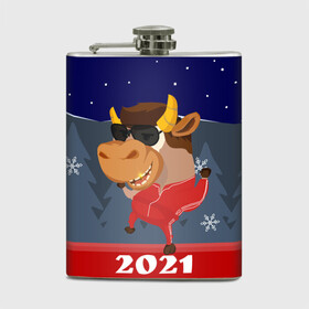 Фляга с принтом Бычара 2021 в Санкт-Петербурге, металлический корпус | емкость 0,22 л, размер 125 х 94 мм. Виниловая наклейка запечатывается полностью | Тематика изображения на принте: 2021 | 7 января | bull | newyear | santa | бык | быки | бычок | год быка | дед мороз | корова | новогодние каникулы | новогодние праздники | новый 2021 | новый год | новый год 2021 | рождество | сани | санта | санта клаус
