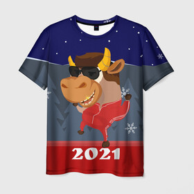 Мужская футболка 3D с принтом Бычара 2021 в Санкт-Петербурге, 100% полиэфир | прямой крой, круглый вырез горловины, длина до линии бедер | Тематика изображения на принте: 2021 | 7 января | bull | newyear | santa | бык | быки | бычок | год быка | дед мороз | корова | новогодние каникулы | новогодние праздники | новый 2021 | новый год | новый год 2021 | рождество | сани | санта | санта клаус