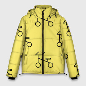 Мужская зимняя куртка 3D с принтом Велосипеды на желтом в Санкт-Петербурге, верх — 100% полиэстер; подкладка — 100% полиэстер; утеплитель — 100% полиэстер | длина ниже бедра, свободный силуэт Оверсайз. Есть воротник-стойка, отстегивающийся капюшон и ветрозащитная планка. 

Боковые карманы с листочкой на кнопках и внутренний карман на молнии. | велик | велосипед | велоспрот | желтый | кататься | летний | паттерн | покатушки | спорт | узор