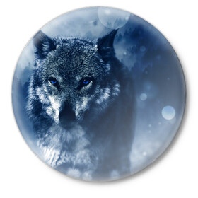 Значок с принтом Красивый волк в Санкт-Петербурге,  металл | круглая форма, металлическая застежка в виде булавки | Тематика изображения на принте: wolf | ауф | волк | волчонок | зима | синеглазый волк