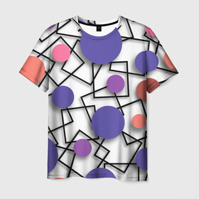 Мужская футболка 3D с принтом Геометрический узор в Санкт-Петербурге, 100% полиэфир | прямой крой, круглый вырез горловины, длина до линии бедер | 3д эффект | графика | квадраты | объемные фигуры | разноцветные круги