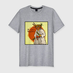 Мужская футболка хлопок Slim с принтом Съедобный самурай в Санкт-Петербурге, 92% хлопок, 8% лайкра | приталенный силуэт, круглый вырез ворота, длина до линии бедра, короткий рукав | japan | katana | ramen | samurai | катана | лапша | рамен | самурай | япония