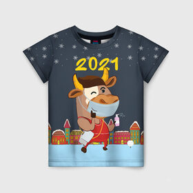 Детская футболка 3D с принтом Коронавирусный Новый Год в Санкт-Петербурге, 100% гипоаллергенный полиэфир | прямой крой, круглый вырез горловины, длина до линии бедер, чуть спущенное плечо, ткань немного тянется | 2021 | 7 января | bull | newyear | santa | бык | быки | бычок | год быка | дед мороз | корова | новогодние каникулы | новогодние праздники | новый 2021 | новый год | новый год 2021 | рождество | сани | санта | санта клаус