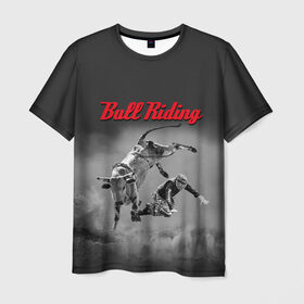 Мужская футболка 3D с принтом Bull Riding в Санкт-Петербурге, 100% полиэфир | прямой крой, круглый вырез горловины, длина до линии бедер | bull | dude | extreme | fall | helmet | hoofs | horns | sport | sportsman | tail | бык | падение | рога | спорт | спортсмен | хвост | чувак | шлем | экстрим