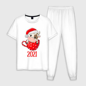 Мужская пижама хлопок с принтом Милый новогодний бычок 2021 в Санкт-Петербурге, 100% хлопок | брюки и футболка прямого кроя, без карманов, на брюках мягкая резинка на поясе и по низу штанин
 | Тематика изображения на принте: 2021 | 7 января | bull | newyear | santa | бык | быки | бычок | год быка | дед мороз | корова | новогодние каникулы | новогодние праздники | новый 2021 | новый год | новый год 2021 | рождество | сани | санта | санта клаус