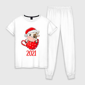 Женская пижама хлопок с принтом Милый новогодний бычок 2021 в Санкт-Петербурге, 100% хлопок | брюки и футболка прямого кроя, без карманов, на брюках мягкая резинка на поясе и по низу штанин | 2021 | 7 января | bull | newyear | santa | бык | быки | бычок | год быка | дед мороз | корова | новогодние каникулы | новогодние праздники | новый 2021 | новый год | новый год 2021 | рождество | сани | санта | санта клаус