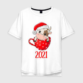 Мужская футболка хлопок Oversize с принтом Милый новогодний бычок 2021 в Санкт-Петербурге, 100% хлопок | свободный крой, круглый ворот, “спинка” длиннее передней части | 2021 | 7 января | bull | newyear | santa | бык | быки | бычок | год быка | дед мороз | корова | новогодние каникулы | новогодние праздники | новый 2021 | новый год | новый год 2021 | рождество | сани | санта | санта клаус