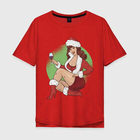 Мужская футболка хлопок Oversize с принтом Pin Up Girl Christmas в Санкт-Петербурге, 100% хлопок | свободный крой, круглый ворот, “спинка” длиннее передней части | christmas | drawing | girl | new year | pin up | девушка | новый год | пин ап | рисунок | рождество | снегурочка