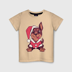 Детская футболка хлопок с принтом Рождественский пёсик в Санкт-Петербурге, 100% хлопок | круглый вырез горловины, полуприлегающий силуэт, длина до линии бедер | 