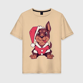 Женская футболка хлопок Oversize с принтом Рождественский пёсик в Санкт-Петербурге, 100% хлопок | свободный крой, круглый ворот, спущенный рукав, длина до линии бедер
 | 
