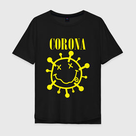 Мужская футболка хлопок Oversize с принтом CORONA SMILE в Санкт-Петербурге, 100% хлопок | свободный крой, круглый ворот, “спинка” длиннее передней части | 2020 | china | corona | kobain | music | nirvana | smile | virus | болезнь | карантин | кобэйн | коронавирус | музыка | нирвана | пандемия | смайлик | удаленка | эпидемия