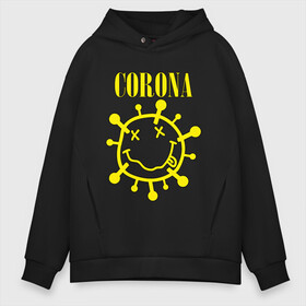 Мужское худи Oversize хлопок с принтом CORONA SMILE в Санкт-Петербурге, френч-терри — 70% хлопок, 30% полиэстер. Мягкий теплый начес внутри —100% хлопок | боковые карманы, эластичные манжеты и нижняя кромка, капюшон на магнитной кнопке | Тематика изображения на принте: 2020 | china | corona | kobain | music | nirvana | smile | virus | болезнь | карантин | кобэйн | коронавирус | музыка | нирвана | пандемия | смайлик | удаленка | эпидемия