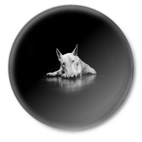 Значок с принтом Puppy в Санкт-Петербурге,  металл | круглая форма, металлическая застежка в виде булавки | bull terrier | dog | ears | eyes | muzzle | nose | paws | puppy | бультерьер | глаза | лапы | нос | уши | щенок