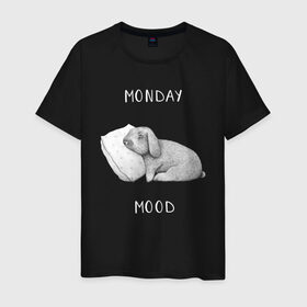 Мужская футболка хлопок с принтом Monday Mood в Санкт-Петербурге, 100% хлопок | прямой крой, круглый вырез горловины, длина до линии бедер, слегка спущенное плечо. | Тематика изображения на принте: dream | monday | mood | rabbit | sleep | заяц | кролик | понедельник | работа | сон | спать