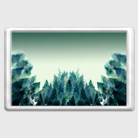 Магнит 45*70 с принтом акварельный лес градиент в Санкт-Петербурге, Пластик | Размер: 78*52 мм; Размер печати: 70*45 | акварель | горы | деревья | дымка | ели | лес | нрадиент | олень | отражение | природа | рисунок | силуэты