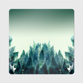 Магнит виниловый Квадрат с принтом акварельный лес градиент в Санкт-Петербурге, полимерный материал с магнитным слоем | размер 9*9 см, закругленные углы | акварель | горы | деревья | дымка | ели | лес | нрадиент | олень | отражение | природа | рисунок | силуэты