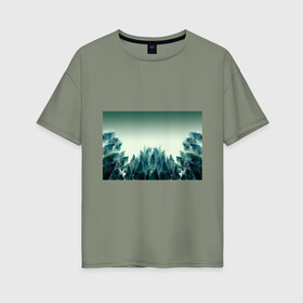 Женская футболка хлопок Oversize с принтом акварельный лес градиент в Санкт-Петербурге, 100% хлопок | свободный крой, круглый ворот, спущенный рукав, длина до линии бедер
 | акварель | горы | деревья | дымка | ели | лес | нрадиент | олень | отражение | природа | рисунок | силуэты
