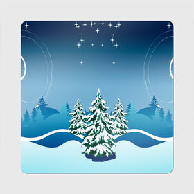 Магнит виниловый Квадрат с принтом Зимние ели под снегом арт в Санкт-Петербурге, полимерный материал с магнитным слоем | размер 9*9 см, закругленные углы | арт | графика | ели | елки | звезды | зима | лес | мороз | праздники | природа | рисунок | снег | снежок