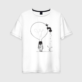 Женская футболка хлопок Oversize с принтом Absurd 4 в Санкт-Петербурге, 100% хлопок | свободный крой, круглый ворот, спущенный рукав, длина до линии бедер
 | Тематика изображения на принте: абстрактный | вода | голова | идея | иллюстрация | лампочка | мысли | растение | рисунок | росток | человечек | черно белый