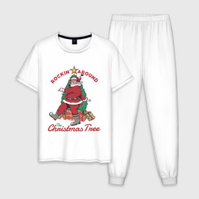 Мужская пижама хлопок с принтом Rockin Santa в Санкт-Петербурге, 100% хлопок | брюки и футболка прямого кроя, без карманов, на брюках мягкая резинка на поясе и по низу штанин
 | art | christmas | gifts | holiday | new year | santa | santa claus | star | tree | арт | елка | звезда | новый год | подарки | праздник | рождество | санта | санта клаус