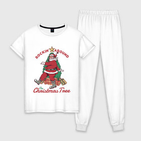 Женская пижама хлопок с принтом Rockin Santa в Санкт-Петербурге, 100% хлопок | брюки и футболка прямого кроя, без карманов, на брюках мягкая резинка на поясе и по низу штанин | art | christmas | gifts | holiday | new year | santa | santa claus | star | tree | арт | елка | звезда | новый год | подарки | праздник | рождество | санта | санта клаус
