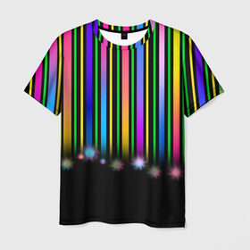 Мужская футболка 3D с принтом Градиентный звездопад в Санкт-Петербурге, 100% полиэфир | прямой крой, круглый вырез горловины, длина до линии бедер | градиент | звезда | ленты | полоски | праздник | радость | салют | фейерверк