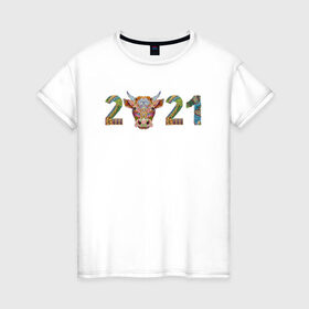 Женская футболка хлопок с принтом Год быка 2021 в Санкт-Петербурге, 100% хлопок | прямой крой, круглый вырез горловины, длина до линии бедер, слегка спущенное плечо | 2021 | 7 января | bull | newyear | santa | бык | быки | бычок | год быка | дед мороз | корова | новогодние каникулы | новогодние праздники | новый 2021 | новый год | новый год 2021 | рождество | сани | санта | санта клаус