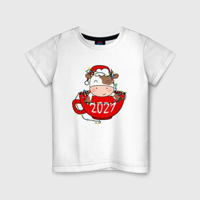 Детская футболка хлопок с принтом Милый бычок 2021 в Санкт-Петербурге, 100% хлопок | круглый вырез горловины, полуприлегающий силуэт, длина до линии бедер | 2021 | 7 января | bull | newyear | santa | бык | быки | бычок | год быка | дед мороз | корова | новогодние каникулы | новогодние праздники | новый 2021 | новый год | новый год 2021 | рождество | сани | санта | санта клаус