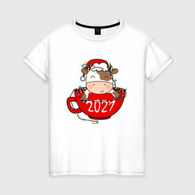 Женская футболка хлопок с принтом Милый бычок 2021 в Санкт-Петербурге, 100% хлопок | прямой крой, круглый вырез горловины, длина до линии бедер, слегка спущенное плечо | 2021 | 7 января | bull | newyear | santa | бык | быки | бычок | год быка | дед мороз | корова | новогодние каникулы | новогодние праздники | новый 2021 | новый год | новый год 2021 | рождество | сани | санта | санта клаус