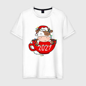 Мужская футболка хлопок с принтом Милый бычок 2021 в Санкт-Петербурге, 100% хлопок | прямой крой, круглый вырез горловины, длина до линии бедер, слегка спущенное плечо. | 2021 | 7 января | bull | newyear | santa | бык | быки | бычок | год быка | дед мороз | корова | новогодние каникулы | новогодние праздники | новый 2021 | новый год | новый год 2021 | рождество | сани | санта | санта клаус