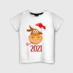 Детская футболка хлопок с принтом Веселый бык 2021 в Санкт-Петербурге, 100% хлопок | круглый вырез горловины, полуприлегающий силуэт, длина до линии бедер | Тематика изображения на принте: 2021 | 7 января | bull | newyear | santa | бык | быки | бычок | год быка | дед мороз | корова | новогодние каникулы | новогодние праздники | новый 2021 | новый год | новый год 2021 | рождество | сани | санта | санта клаус