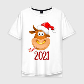 Мужская футболка хлопок Oversize с принтом Веселый бык 2021 в Санкт-Петербурге, 100% хлопок | свободный крой, круглый ворот, “спинка” длиннее передней части | Тематика изображения на принте: 2021 | 7 января | bull | newyear | santa | бык | быки | бычок | год быка | дед мороз | корова | новогодние каникулы | новогодние праздники | новый 2021 | новый год | новый год 2021 | рождество | сани | санта | санта клаус