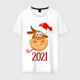 Мужская футболка хлопок с принтом Веселый бык 2021 в Санкт-Петербурге, 100% хлопок | прямой крой, круглый вырез горловины, длина до линии бедер, слегка спущенное плечо. | 2021 | 7 января | bull | newyear | santa | бык | быки | бычок | год быка | дед мороз | корова | новогодние каникулы | новогодние праздники | новый 2021 | новый год | новый год 2021 | рождество | сани | санта | санта клаус