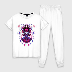 Женская пижама хлопок с принтом Geisha в Санкт-Петербурге, 100% хлопок | брюки и футболка прямого кроя, без карманов, на брюках мягкая резинка на поясе и по низу штанин | Тематика изображения на принте: art | brutal | cool | cute | cyber | cybergirl | devil | geisha | geometry | girl | japan | katana | kawai | mask | mecha | robot | sacred | samurai | арт | ветор | геометрические | голова | девушка | кавай | катана | кибер | киборг | маска | маха