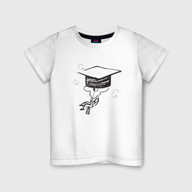 Детская футболка хлопок с принтом Absurd 7 в Санкт-Петербурге, 100% хлопок | круглый вырез горловины, полуприлегающий силуэт, длина до линии бедер | Тематика изображения на принте: выпускник | графика | иллюстрация | кисточка | облака | полет | рисунок | треуголка | ученик | человечек | черно белый