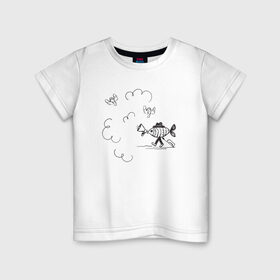 Детская футболка хлопок с принтом Absurd 8 в Санкт-Петербурге, 100% хлопок | круглый вырез горловины, полуприлегающий силуэт, длина до линии бедер | Тематика изображения на принте: графика | звук | иллюстрация | облака | рисунок | рупор | рыба | ушки | черно белый | шляпа | юмор