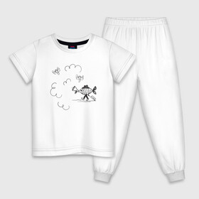 Детская пижама хлопок с принтом Absurd 8 в Санкт-Петербурге, 100% хлопок |  брюки и футболка прямого кроя, без карманов, на брюках мягкая резинка на поясе и по низу штанин
 | Тематика изображения на принте: графика | звук | иллюстрация | облака | рисунок | рупор | рыба | ушки | черно белый | шляпа | юмор